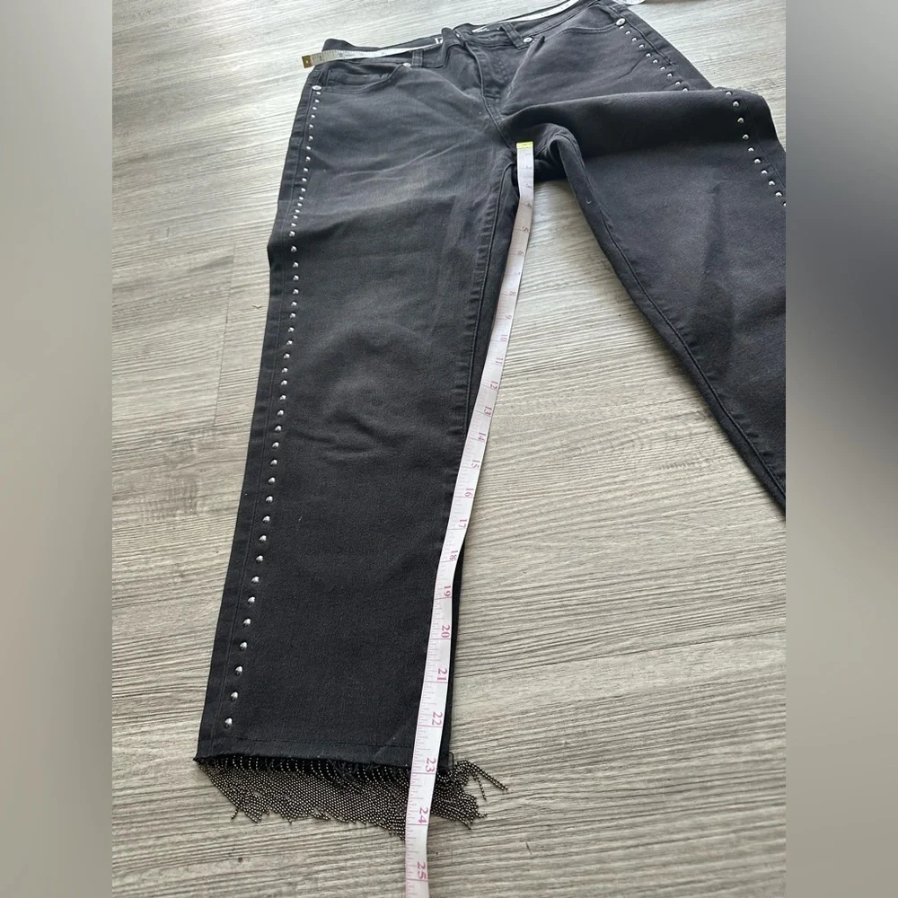 DG2 Diane Gilman Embelish Side Stripe Fringe-Hem cropped Jean Black Sz 6P